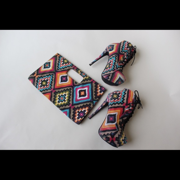 Multi Colored Print Tie Up Ankle Boot Heels - Picture 5 of 9